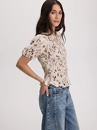 Smocked Blouse with Short Bubble Sleeves