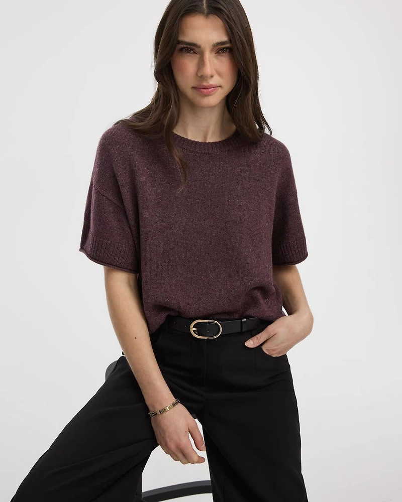 Cashmere-Blend Short-Sleeve Crew-Neck Loose Sweater