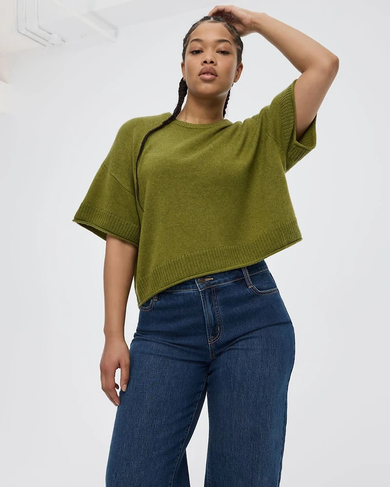 Cashmere-Blend Short-Sleeve Crew-Neck Loose Sweater