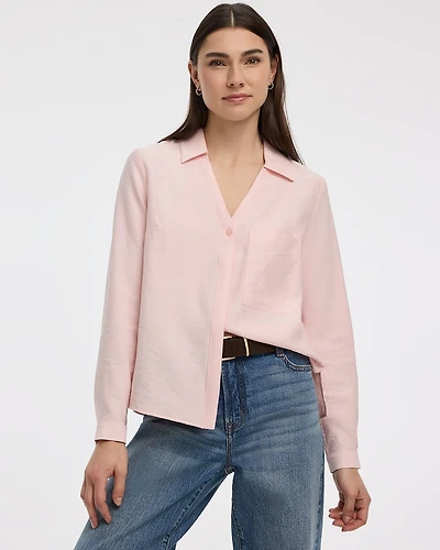 Long-Sleeve Split-Neck Blouse with Chest Pocket