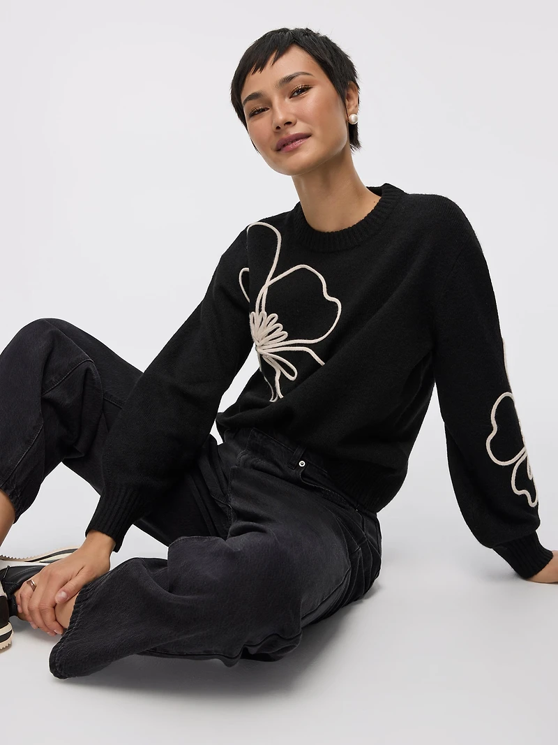 Long-Sleeve Crew-Neck Sweater with Soutache Flowers