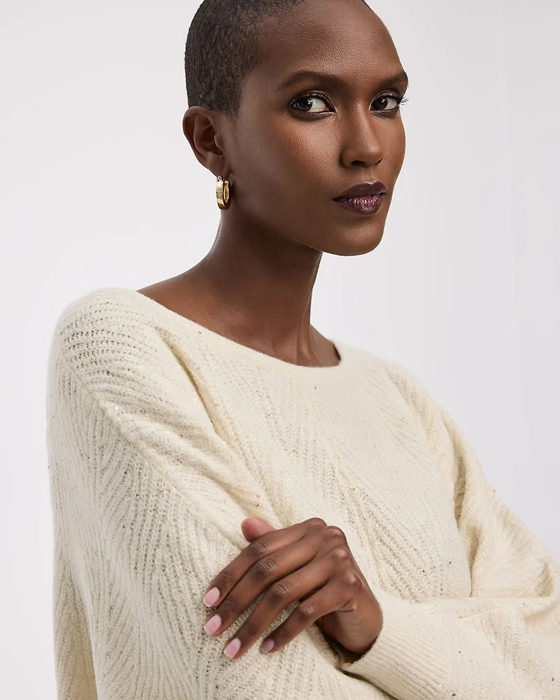 Long-Sleeve Boat-Neck Boxy Sweater with All-Over Sequins