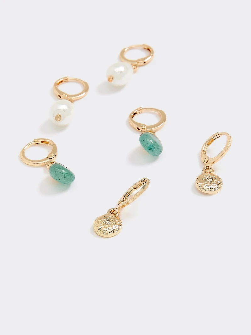 Ladies Metal Imitation Earrings Set – 3 Pairs Hoop & Pendant
