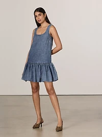 Denim Sleeveless Mini Dress with Bubble Hem