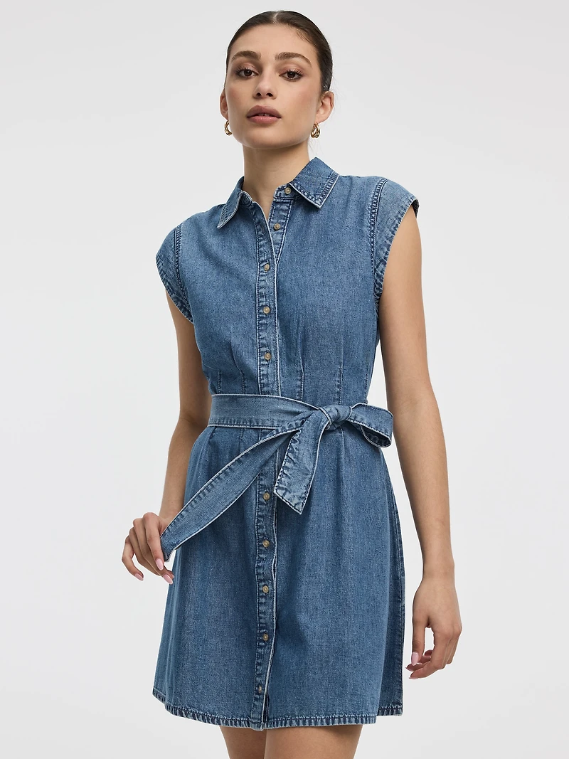 Cap-Sleeve Belted Shirtdress