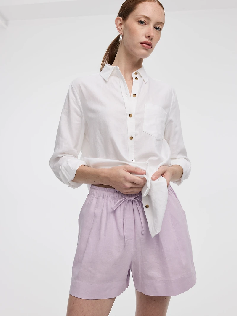 Short en mélange de lin à taille élastique