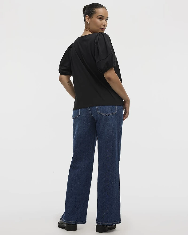 Puffy-Elbow-Sleeve Crew-Neck Top