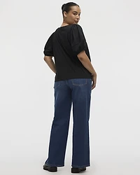 Puffy-Elbow-Sleeve Crew-Neck Top