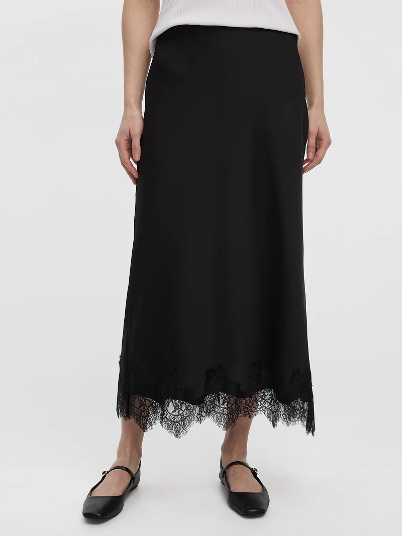 Satin A-Line Midi Skirt with Lace Trim