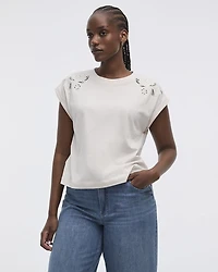 Extended-Sleeve Crew-Neck Tee with Crochet Details