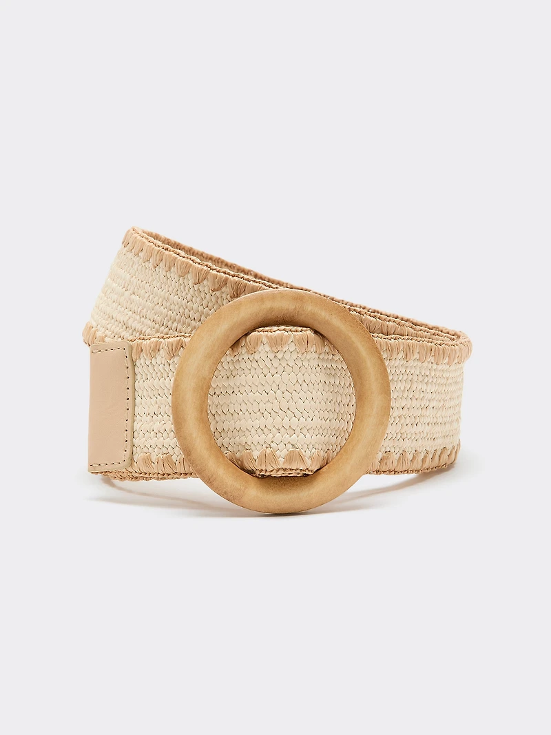 Ceinture élastique en paille avec boucle ronde bois