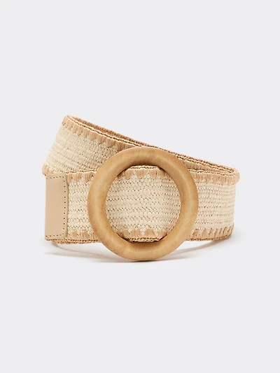 Ceinture élastique en paille avec boucle ronde bois