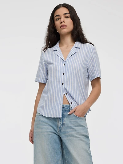 Chemise rayée à manches courtes et col pyjama