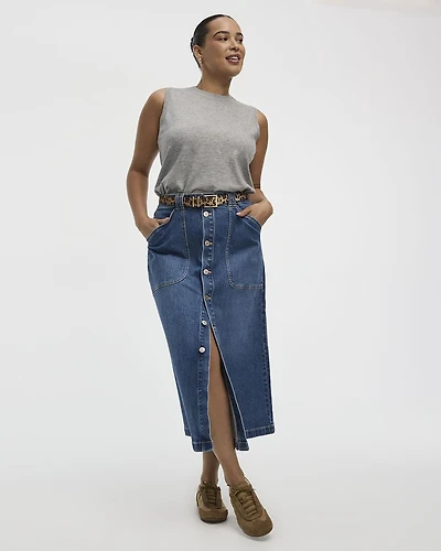 Midi A-Line Buttoned-Down Denim Skirt