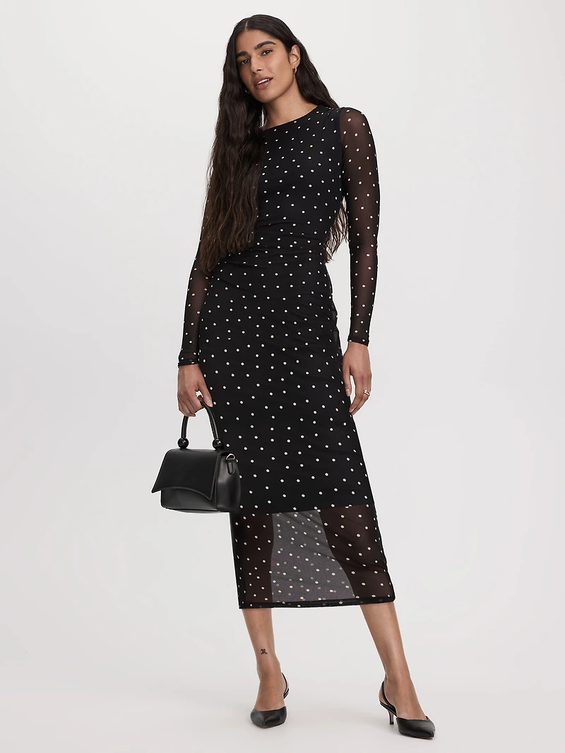 Long-Sleeve Mesh Midi Dress with Side Shirrings