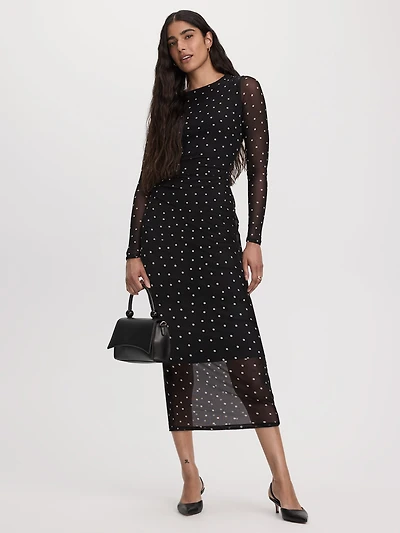 Long-Sleeve Mesh Midi Dress with Side Shirrings