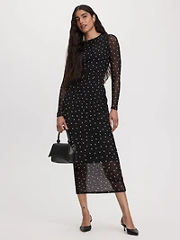 Long-Sleeve Mesh Midi Dress with Side Shirrings