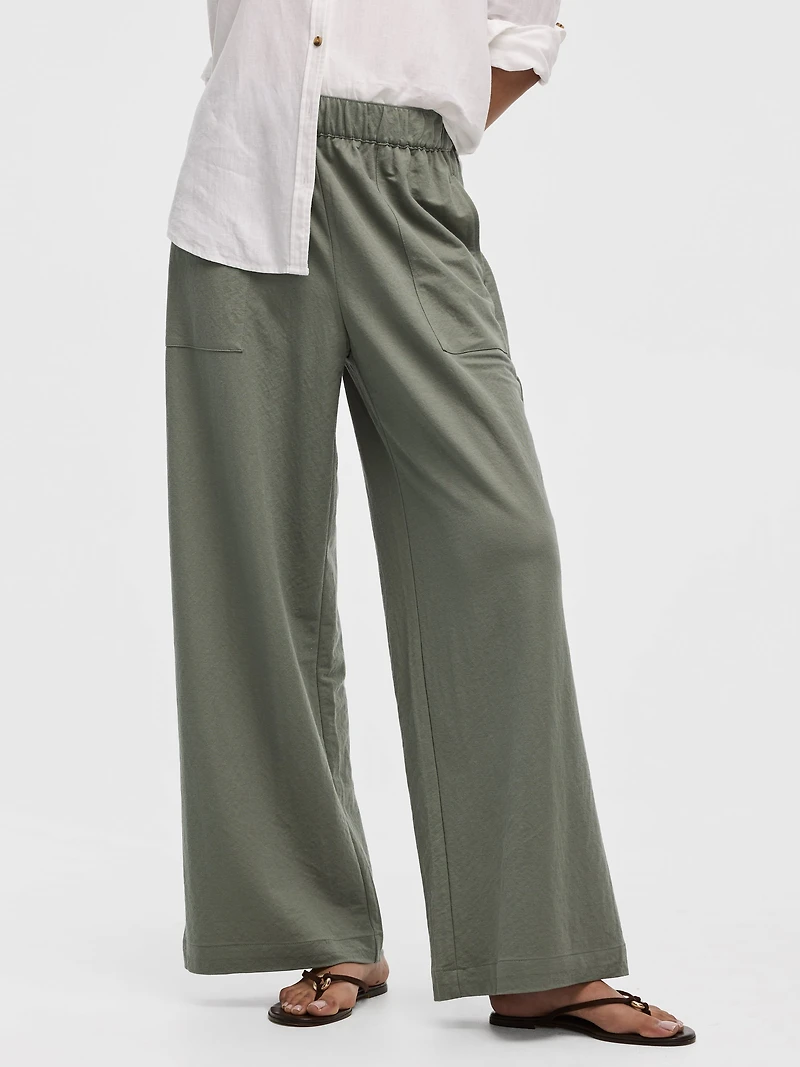 Pantalon à enfiler jambe large et taille haute en tricot piqué