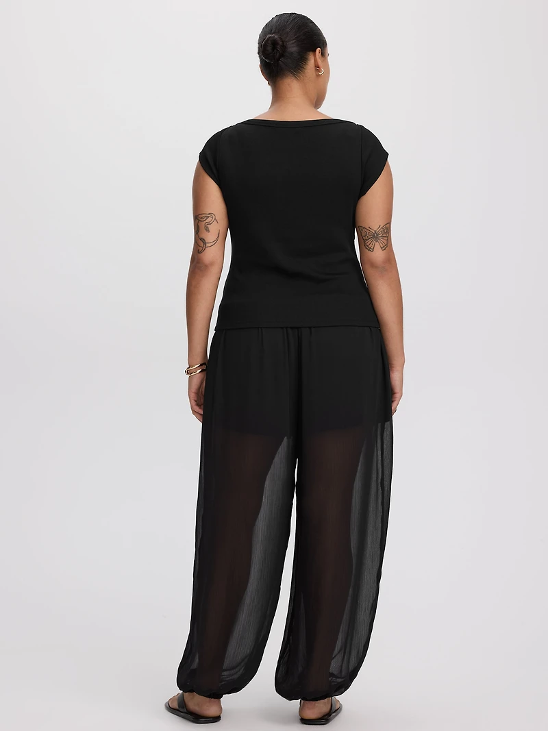 Extended-Sleeve Boat-Neck Ribbed Top
