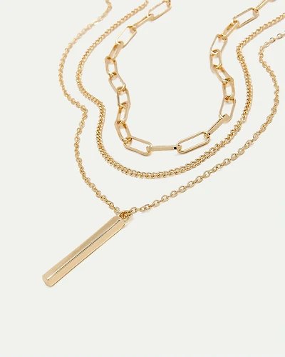 Triple-Layer Necklace with Baguette Pendant