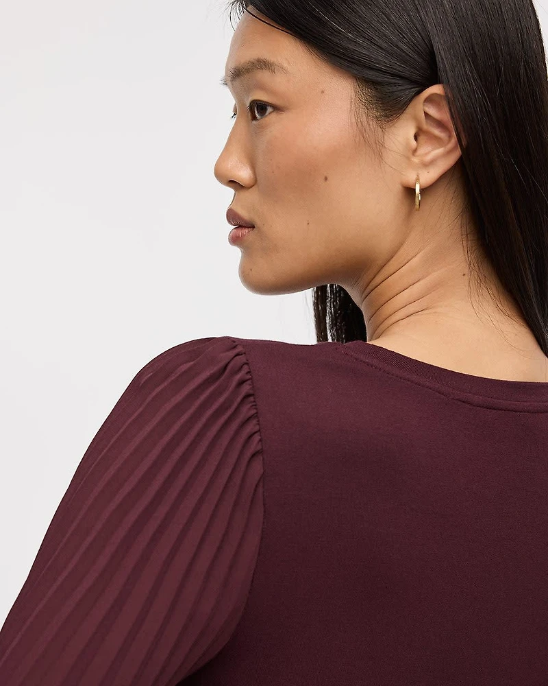 Pleated-Long-Sleeve Boat-Neck Mix-Media Top