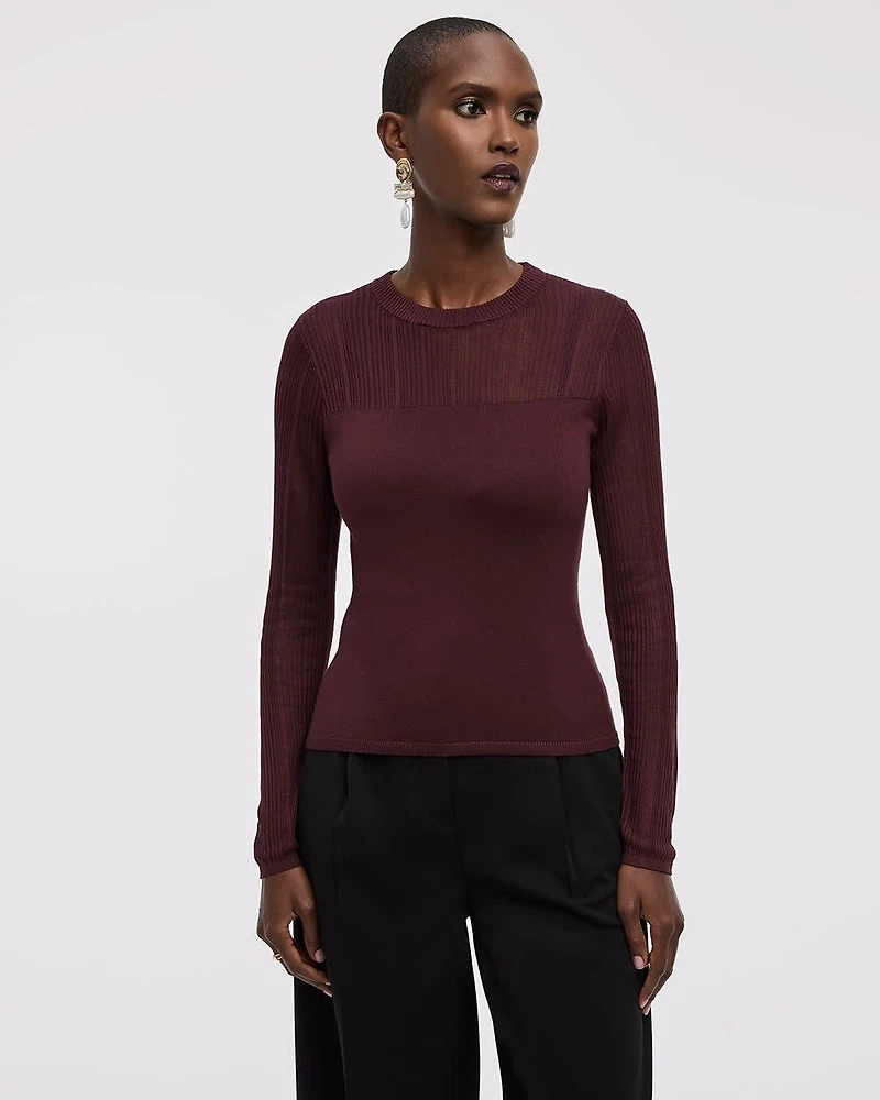 Long-Sleeve Crew-Neck Sweater with Sheer Yoke