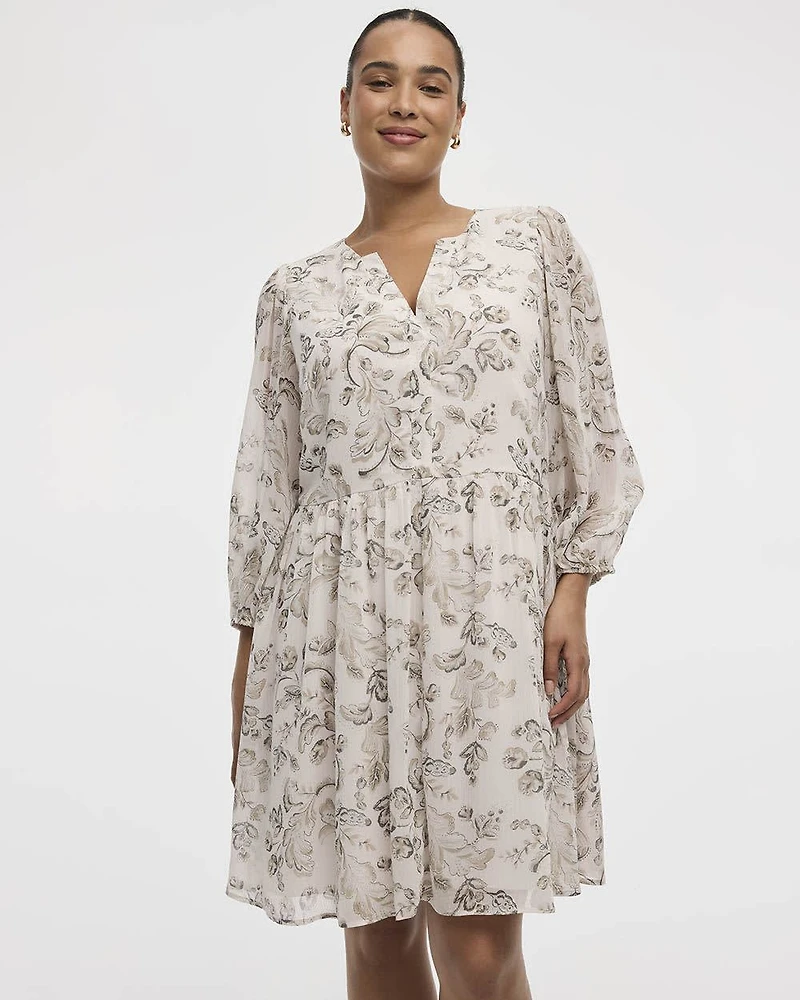 Bracelet-Sleeve Split-Neck Fit-and-Flare Dress