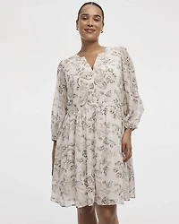 Bracelet-Sleeve Split-Neck Fit-and-Flare Dress