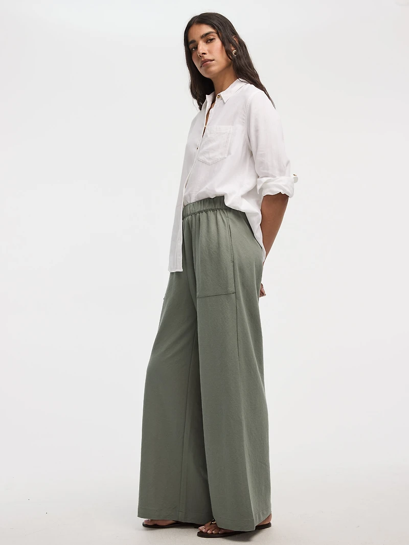 Wide-Leg High-Rise Pull-On Piqué Pant
