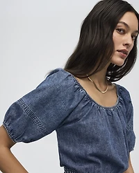 Short-Puffy-Sleeve Denim Top with Boat Neckline