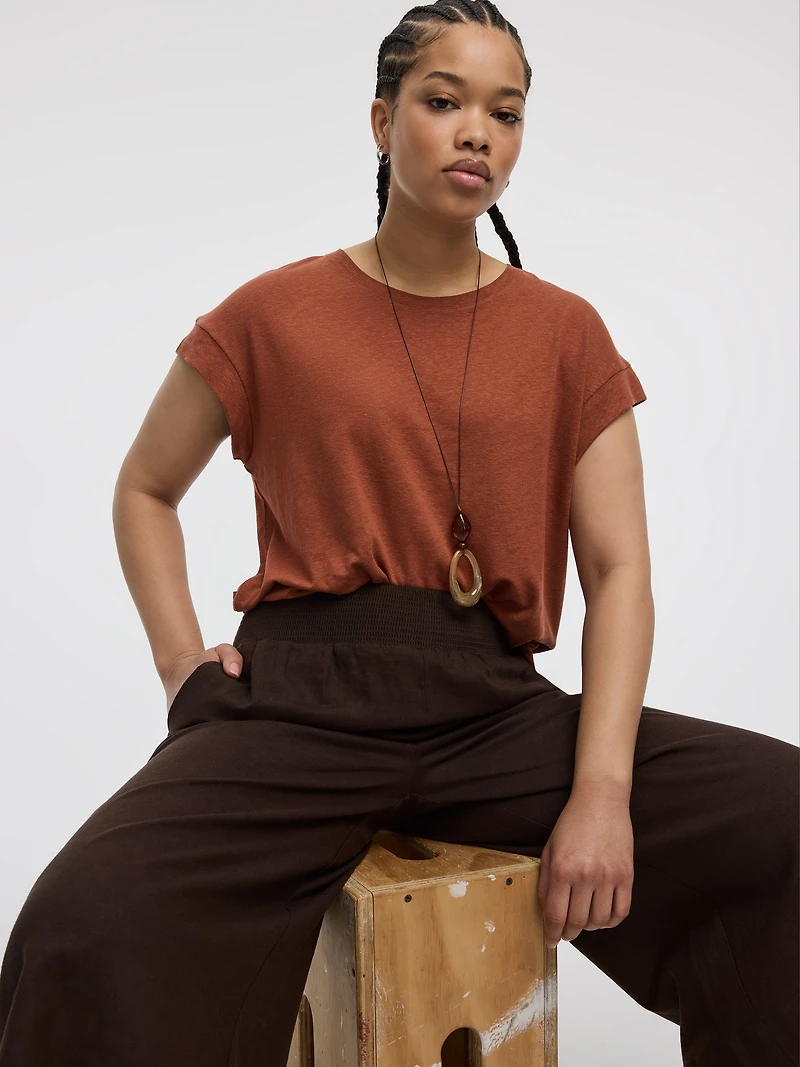 T-shirt en mélange de lin à manches très courtes et col rond