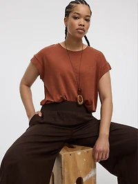 T-shirt en mélange de lin à manches très courtes et col rond