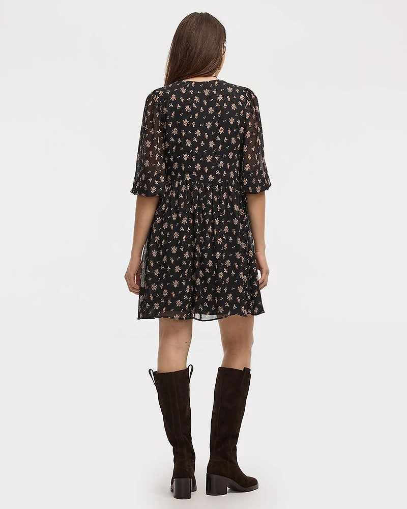 Bracelet-Sleeve Split-Neck Fit-and-Flare Dress