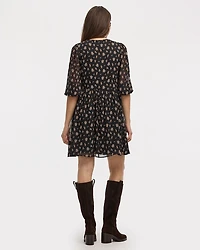 Bracelet-Sleeve Split-Neck Fit-and-Flare Dress