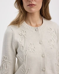 Long-Sleeve Crew-Neck Cardigan with Soutache Flowers