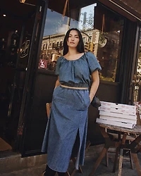 Short-Puffy-Sleeve Denim Top with Boat Neckline