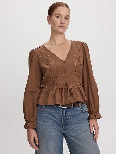 Long-Sleeve V-Neck Blouse with Lace Trims