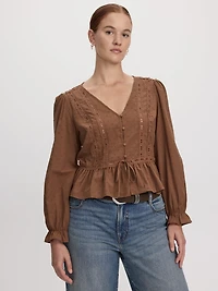 Blouse à manches longues et col V avec détails en dentelle