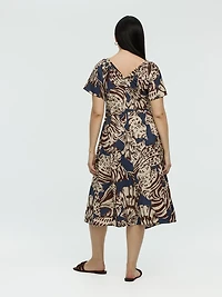 Short-Sleeve Midi Dress with V Neckline