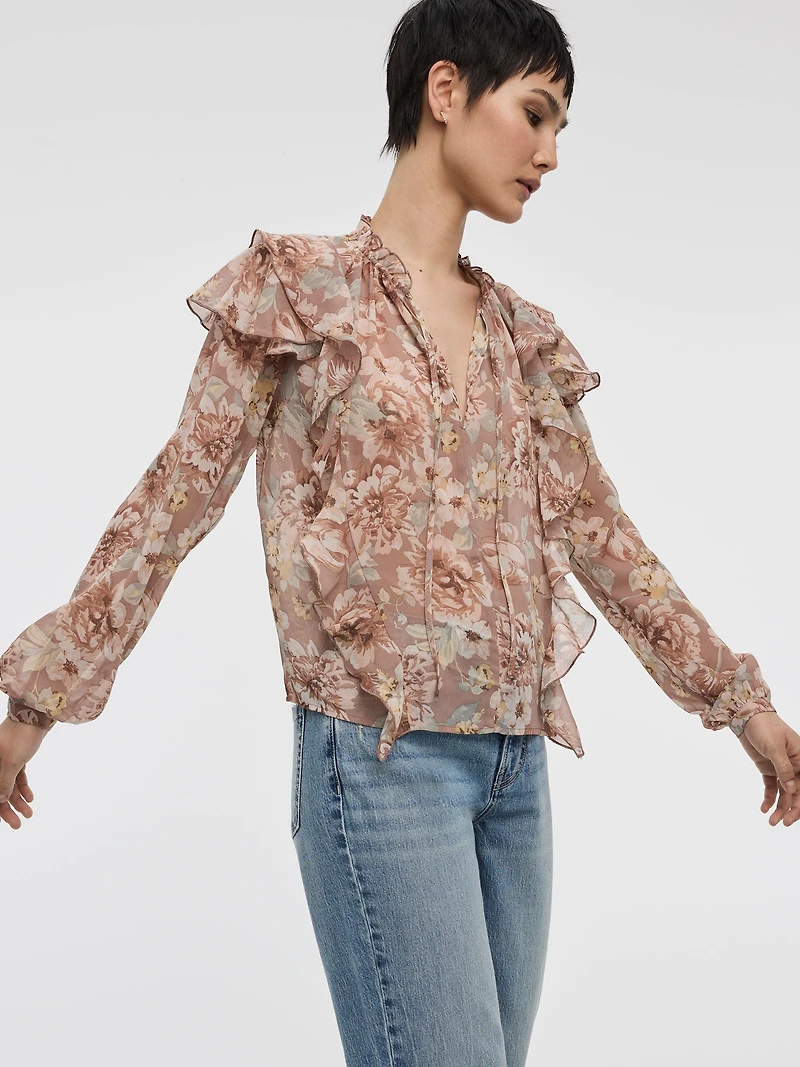 Blouse à manches longues et col fendu avec détails volants
