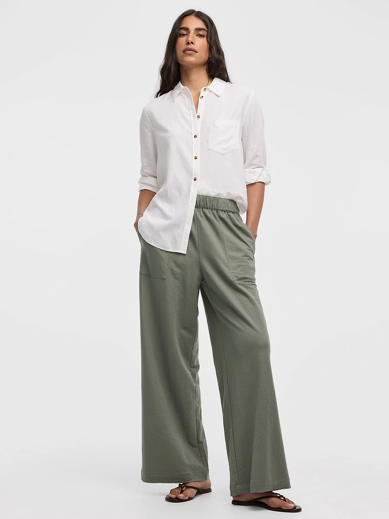 Wide-Leg High-Rise Pull-On Piqué Pant