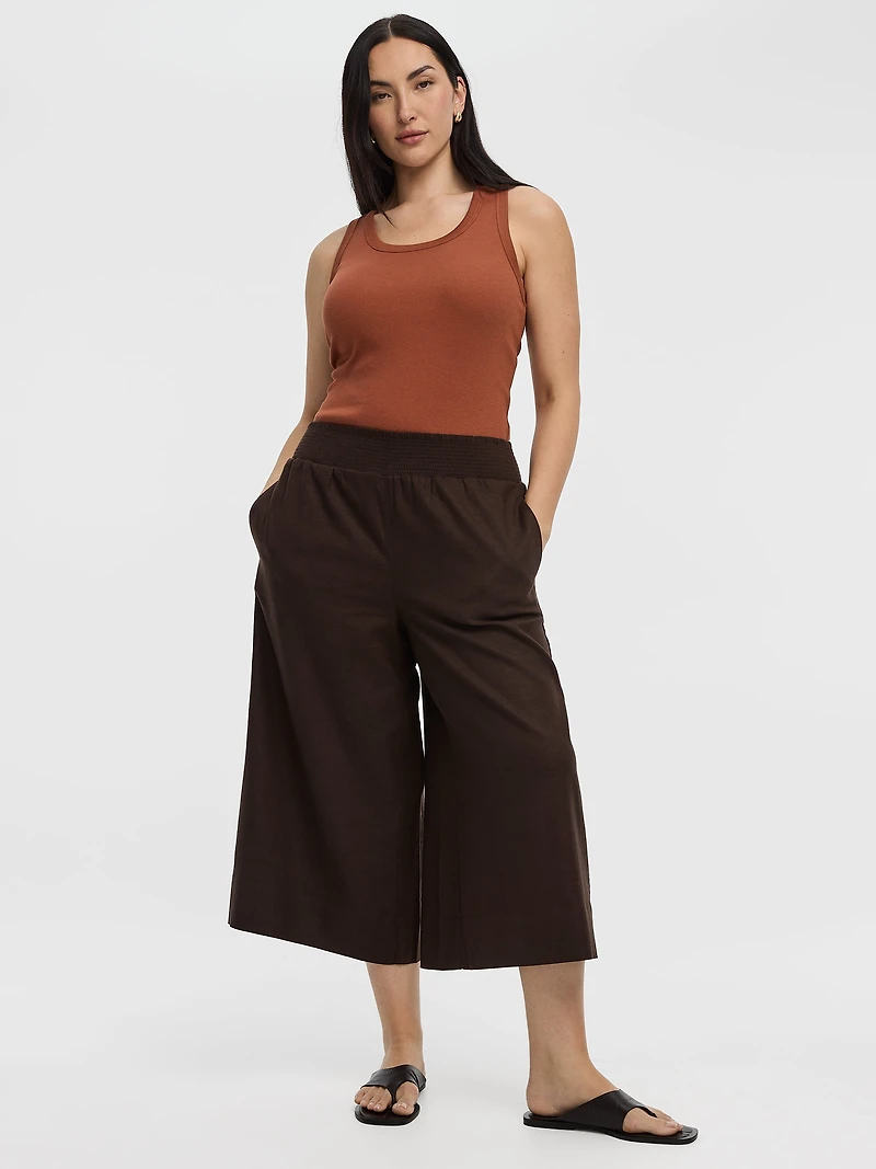 Pantacourt en mélange de lin à jambe large