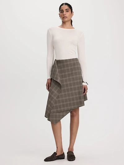 Plaid Midi Skirt with Asymmetrical Hem