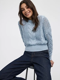Long-Sleeve Crew-Neck Sweater with Open Stitches