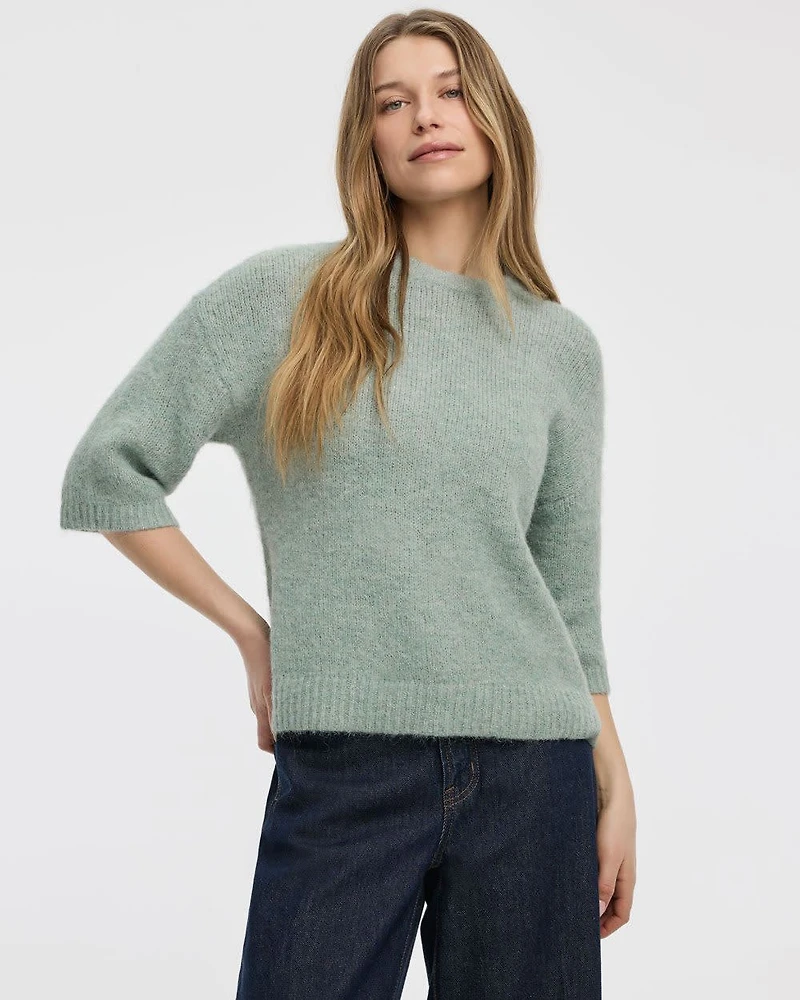 Elbow-Sleeve Crew-Neck Loose Sweater