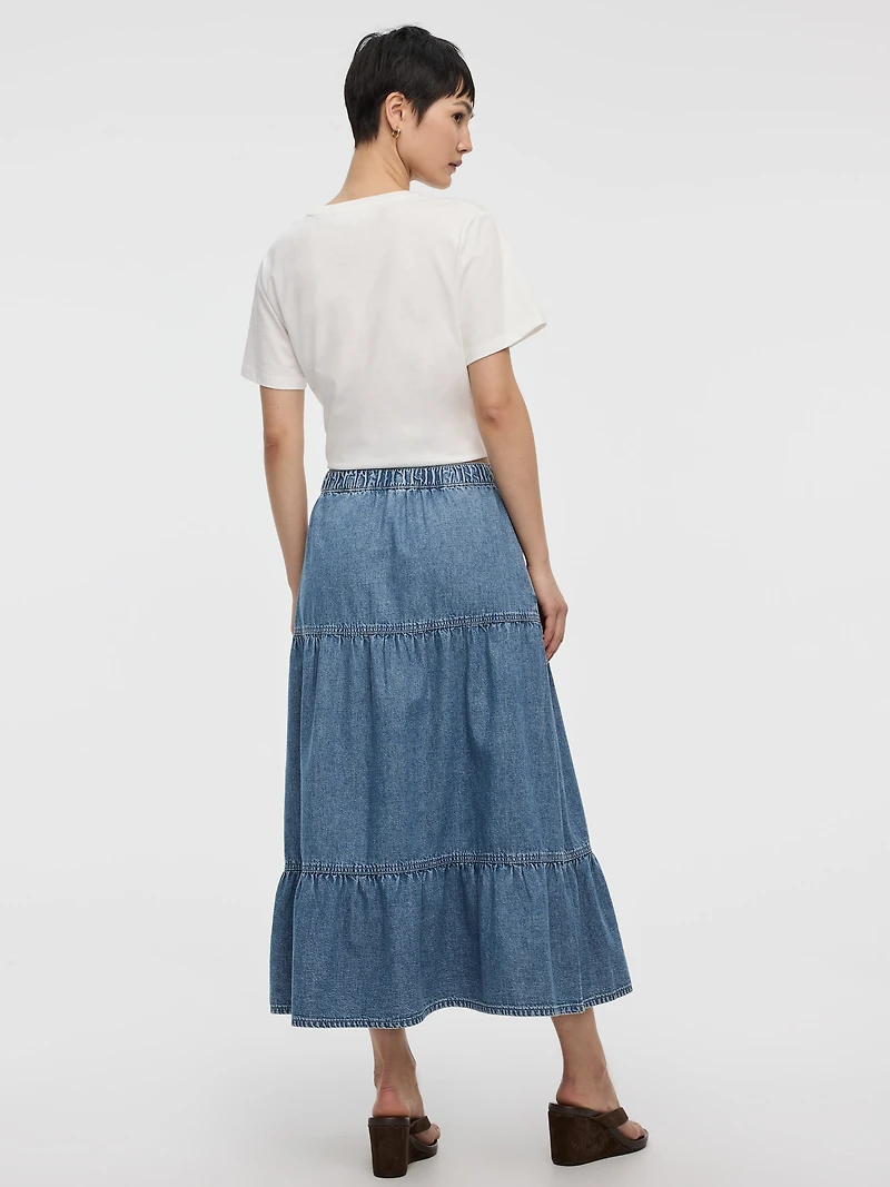 Pull-On Tiered Denim Midi Skirt