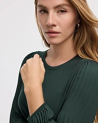 Pleated-Long-Sleeve Boat-Neck Mix-Media Top