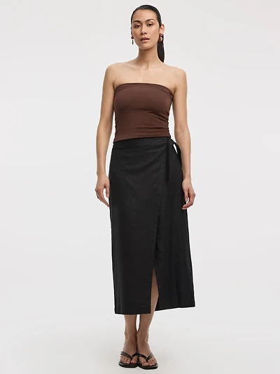 Linen-Blend Wrap Maxi Skirt