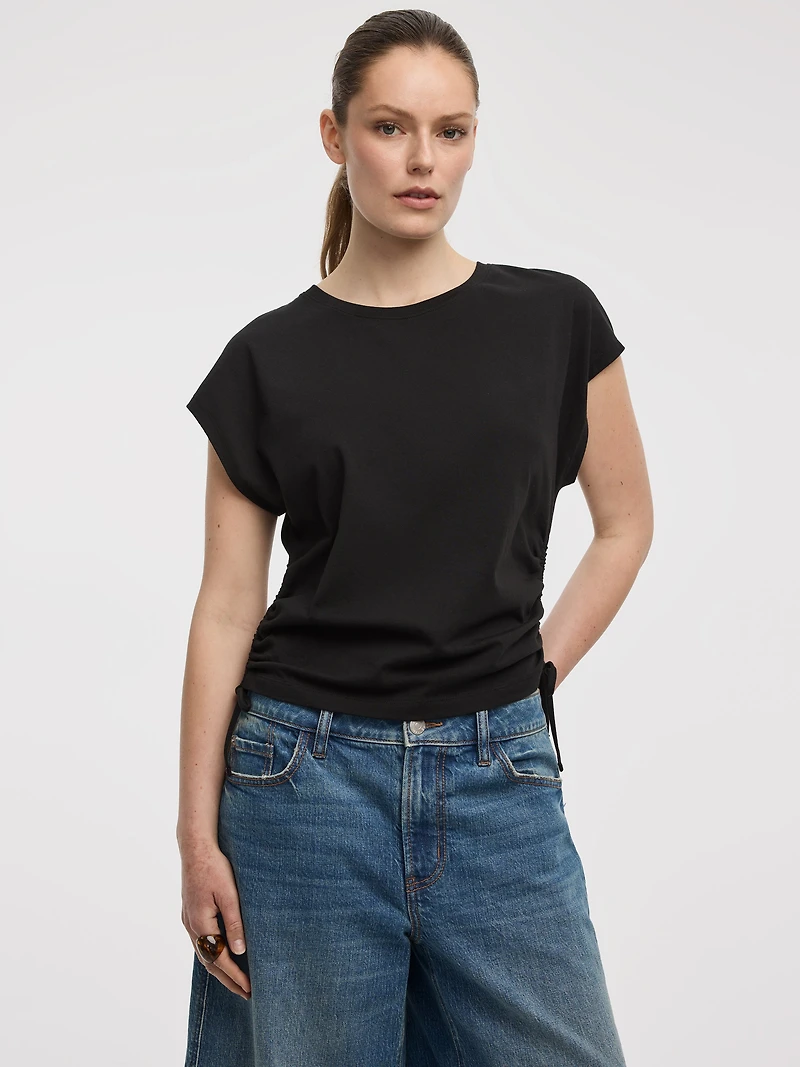 Extended-Sleeve Shirred Tee with Drawstrings