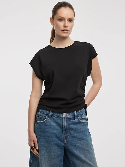 Extended-Sleeve Shirred Tee with Drawstrings